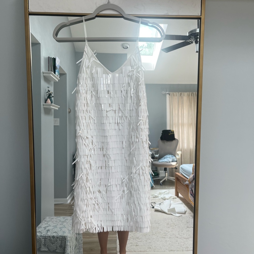 Fringe sequin white mini dress